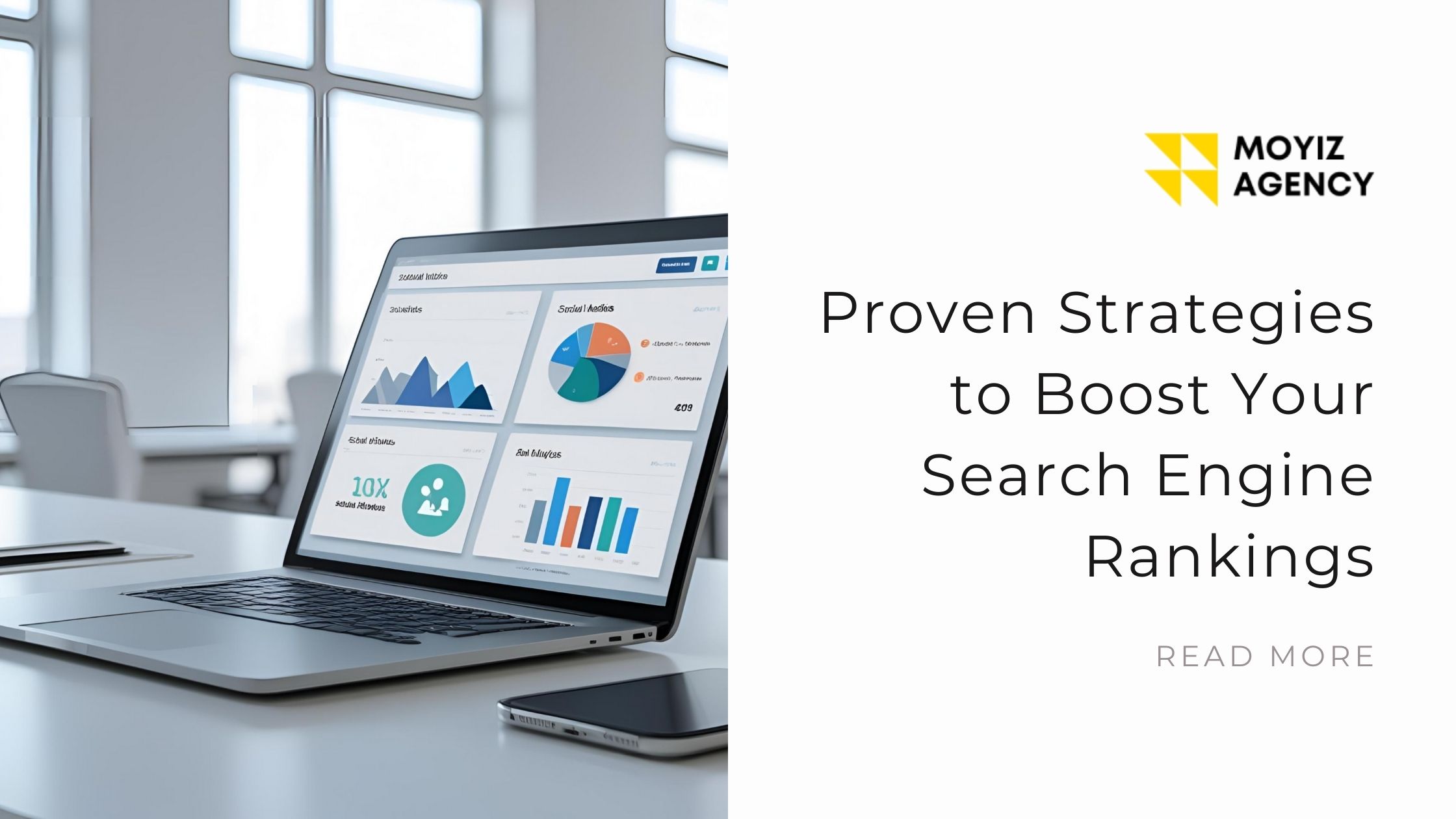 Feb SMM SEO analytics on a laptop screen with the business logo, blog title, and read more option.